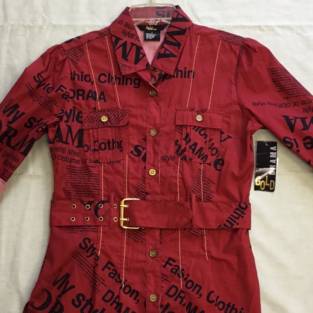 Gold Drama Button-up Top  Blouse Red